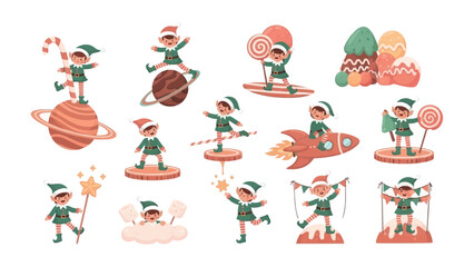Whimsical Elf Adventures: A collection of delightful elf characters engaged in various playful activities, celebrating the spirit of fantasy and fun.