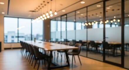Blurred modern meeting room in office with lights and city view