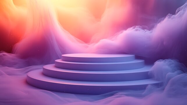 Threetiered circular product display platform surrounded by ethereal clouds with warm gradient background