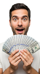 Excited Man Holding Fan of 100 Dollar Bills on Black Background happy surprised isolated on a transparent background