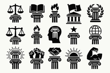 Architectural Column Icons in Symbolic Compositions with Justice Knowledge Democracy and Civilization Themes in Bold Black Silhouettes on White Background