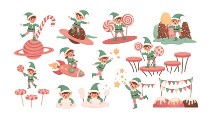  Whimsical Elf Collection: A vibrant compilation of cheerful elves, each engaged in playful activities amidst colorful, imaginative elements, embodying the spirit of fantasy and enchantment.