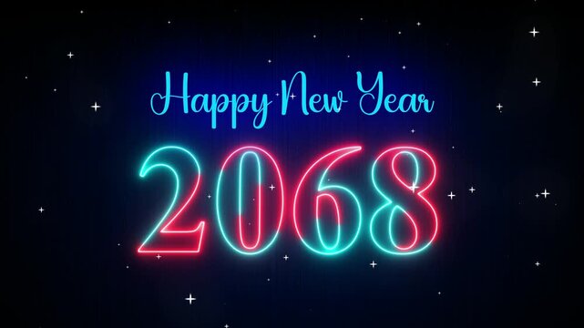 Futuristic Red Cyan Glowing Neon Light Happy New Year 2068 Text Reveal. The Falling Snow Star on Dark Background, 5-10 Seconds Seamless LoopIng 4k video