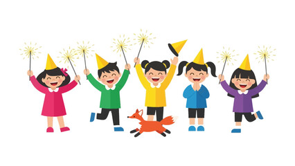 Celebration of Happiness: Vibrant scene of children's party, adorned with party hats, holding sparklers and embodying unbridled joy. A fox leaping in happiness