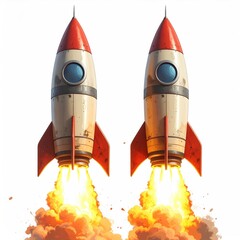 Obraz premium Two vintage rockets blasting off with flames