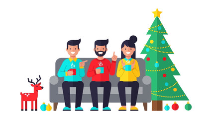 Holiday Cheer and Merriment: A trio of friends share laughter and warmth as they sip their cozy drinks, sitting side-by-side on the couch near the christmas tree and other decorations.