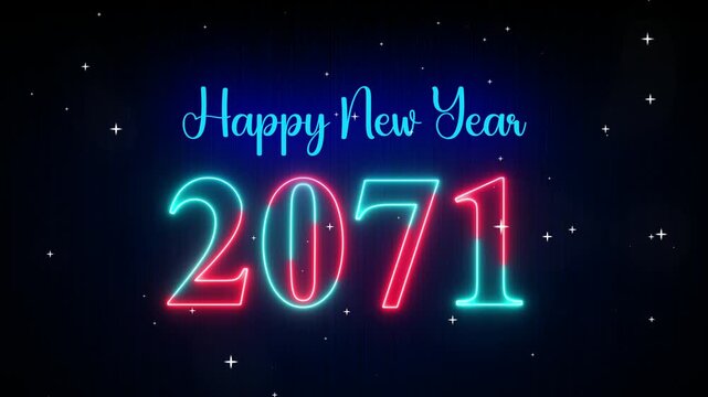 Futuristic Red Cyan Glowing Neon Light Happy New Year 2071 Text Reveal. The Falling Snow Star on Dark Background, 5-10 Seconds Seamless LoopIng 4k video