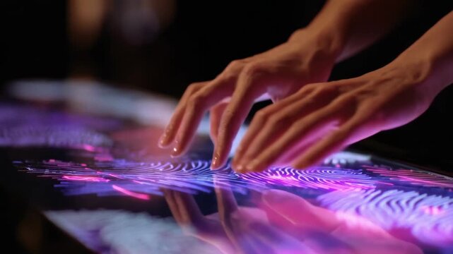 Medium shot depicting an interactive display panel with thermoresponsive visuals that shift patterns and hues as a hand moves across its heated sections.
