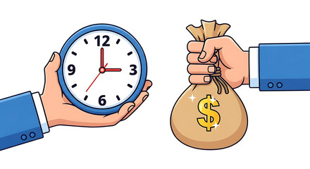 Hand Offering Clock and Hand Holding Money Bag with Dollar Sign time watch isolated on a transparent background