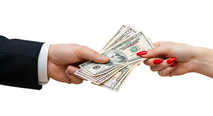 Hand In Suit Giving Stack Of Dollar Bills To Hand With Red Nails money cash isolated on a transparent background