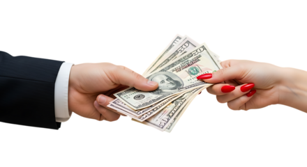 Hand In Suit Giving Stack Of Dollar Bills To Hand With Red Nails money cash isolated on a transparent background