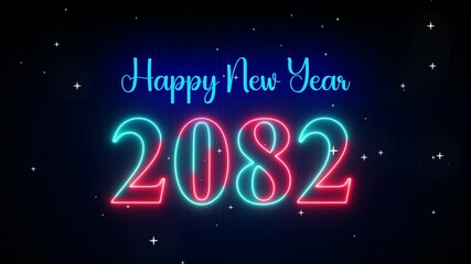 Futuristic Red Cyan Glowing Neon Light Happy New Year 2082 Text Reveal. The Falling Snow Star on Dark Background, 5-10 Seconds Seamless LoopIng 4k video