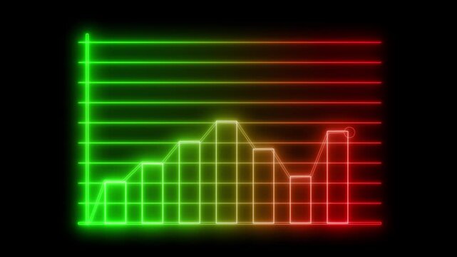 Glowing neon bar chart on a black background with grid lines