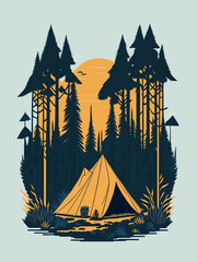 Flat design lone yellow tent forest sun graphic t-shirt artwork light background.Isolated transparent background ( include cut-out PNG file )