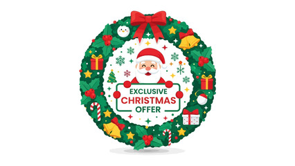Festive Christmas Offer: A vibrant Christmas wreath adorned with festive elements such as Santa Claus, presents, and candy canes, announces an exclusive holiday offer
