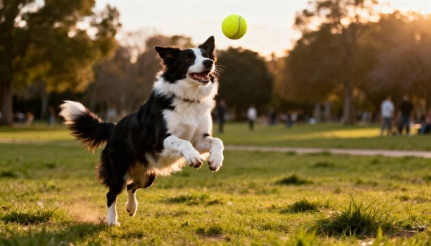 border collie dog jumping to catch tennis ball in sunny park - Powered by Adobe