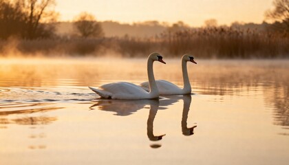 Naklejka premium romantic pair of swans gliding on peaceful lake at dawn landscape