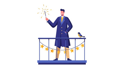 Magic Show Balcony: A sophisticated gentleman conjures wonder on a balcony, illuminating the night with a sparkling wand, with a bird by his side.
