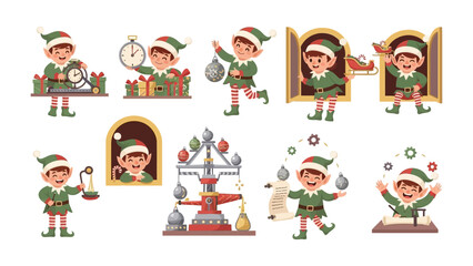 Whimsical Elf Collection: A vibrant collection of playful elves engages in festive activities, surrounded by Christmas decorations and seasonal elements.