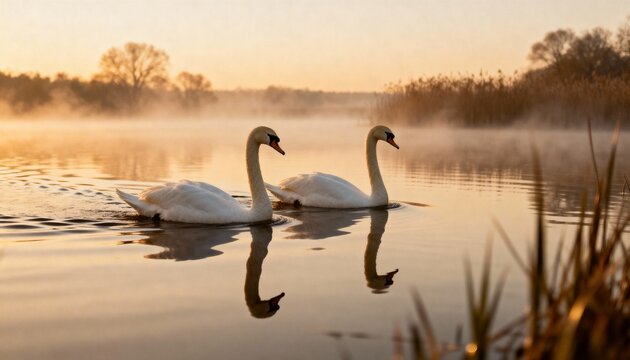 two swans swimming on calm lake at sunrise in golden misty light