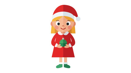 Joyful Christmas Cheer: A charming girl dressed in a festive red outfit and santa hat, happily holding a green ornament, embodies the spirit of Christmas, ready to spread seasonal cheer.