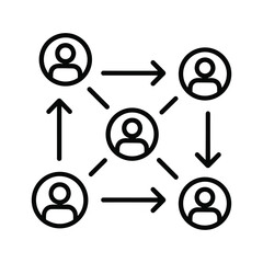 Black and white line icon illustrating network connection, communication flow, and team collaboration between five user profiles