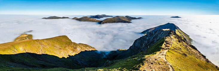 Snowdon Massif from a drone, Snowdon Range, Snowdonia, North Wales, UK