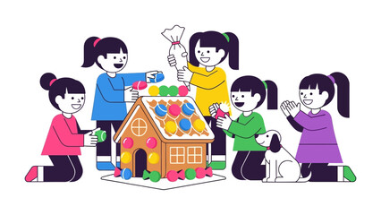 Creating a Gingerbread House: Children gather to adorn a festive gingerbread house with colorful sweets and treats. A delightful scene of creativity and holiday spirit.