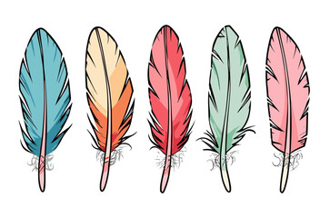 Sheet of five hand drawn style colorful feathers on a clean white background.Isolated transparent background ( include cut-out PNG file )