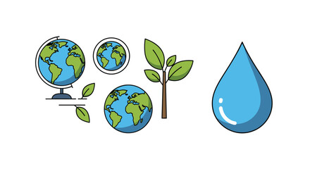 An environmental conservation icon set featuring earth globes a growing plant with green leaves and a large water drop illustration.