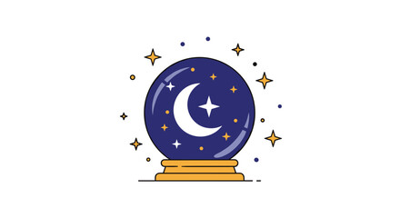 A simple and magical crystal ball icon with a crescent moon and stars inside surrounded by sparkling lights on a golden stand.