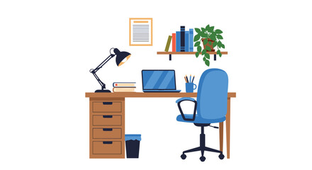 Fototapeta premium A neat and modern home office or workspace setup with a desk laptop lamp books plant and a blue chair on white background.