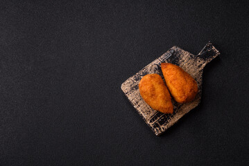 Chicken Kyiv cutlet with buttery filling, a lunch of chicken breast meat. Chicken Kyiv cutlet