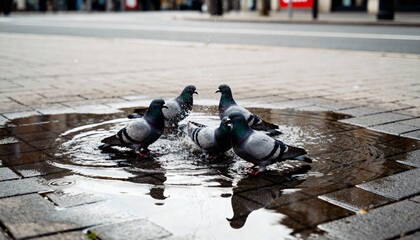 Fototapeta premium flock of pigeons playing in rain puddle on city pavement