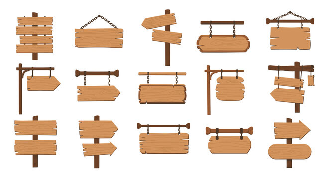 A large collection of various vintage wooden signs signboards and arrow pointers hanging or on posts isolated on a white background.