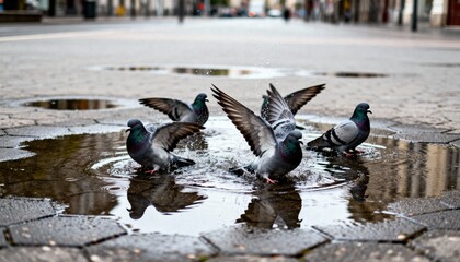 urban birds splashing in water puddle on downtown street