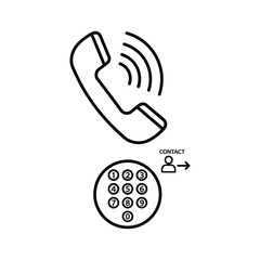 Outline icon of a ringing telephone receiver above a numeric keypad with a contact symbol and arrow
