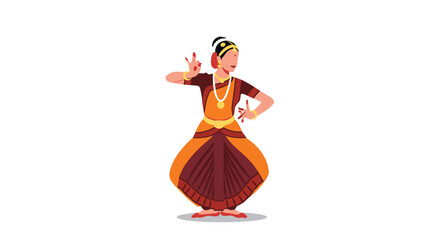 A graceful woman in traditional Indian attire performs a classical dance like Bharatanatyam with expressive hand gestures or mudras.