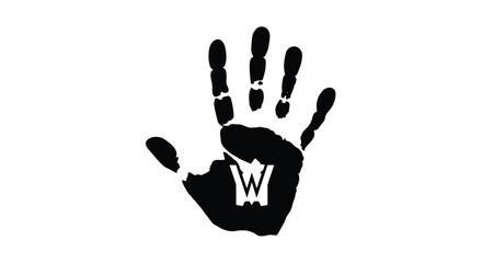 Black ink handprint silhouette with a bold letter W logo design inside the palm isolated on a clean white background.