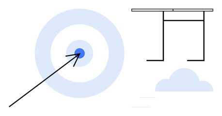 Arrow strikes bullseye on concentric target, finish line with two poles floats over clouds. Ideal for motivation, achievement, goal setting, success, strategy, focus progress. Simple flat metaphor