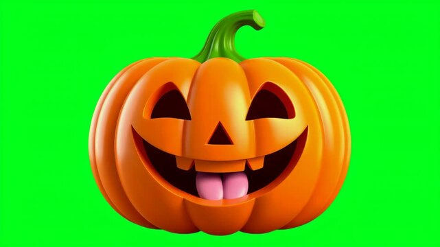 A classic carved pumpkin with a cheerful face and bright orange color set against a vibrant green background