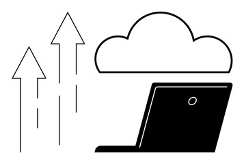 Laptop next to cloud with upward arrows representing data transfer, connectivity, and storage. Ideal for innovation, technology, networking, cloud services, scalability, digital tools simple flat