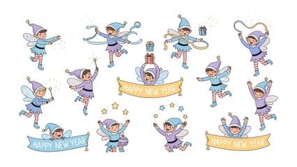 Holiday Elves of Joy: A charming ensemble of festive elves dances and plays, heralding the arrival of a joyful new year, against a festive backdrop.