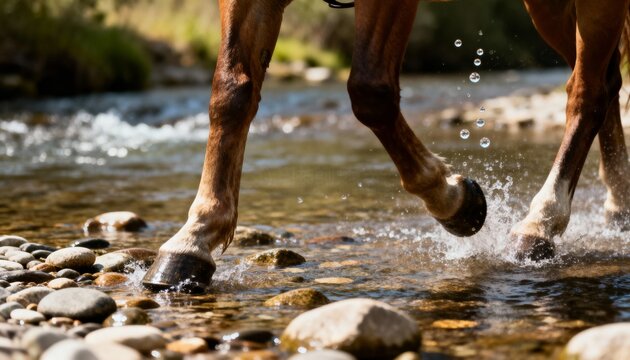 equine hooves walking in creek creating splashes and ripples
