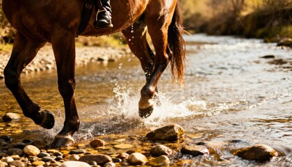 closeup of horse legs crossing rocky stream with clear water