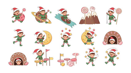 Whimsical Elves' Christmas Collection: Set of charming elf illustrations set against a plain backdrop, exuding holiday cheer. The elves engage in various festive activities, adorned in iconic attire.