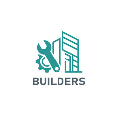 Modern builders logo featuring a wrench, gear, and building structure. for construction companies, repair services, engineering firms, and contractor branding.