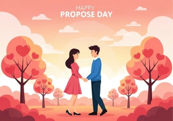 Couple holding hands under heart shaped trees celebrating propose day