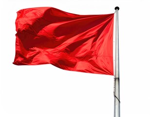Red flag atop pole, waving in wind against white backdrop