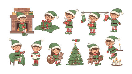 Holiday Cheer Illustration: A charming collection of elves engaged in various festive activities, from decorating to preparing for the celebration, against a clean backdrop.